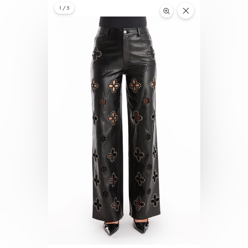 KAIA STUDDED HIGH RISE LEATHER PANT - BLACK
